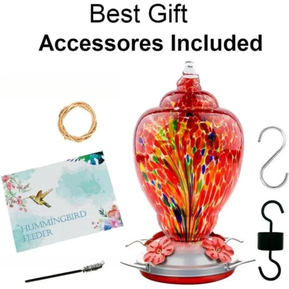 Hummingbird Feeder for Outdoors Patio Large 32 Ounces Colorful Hand Blown Glass - Picture 6 of 8